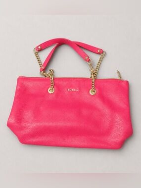 Furla Bright Pink Leather Shoulder Bag with Gold Chain